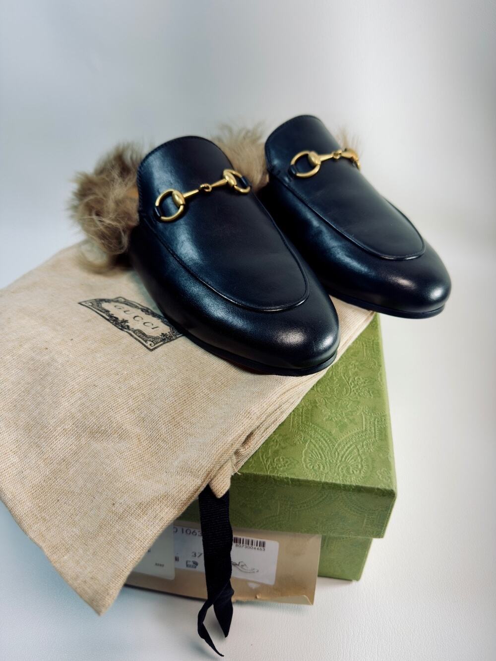 Gucci Princetown Black Leather Horsebit Fur Mule Loafers Box DustBag 37 US 6.5